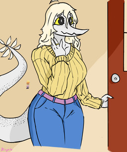 anthro biped black_eyes blonde_hair bottomwear breasts claws clothed clothed_anthro clothed_female clothing denim denim_bottomwear denim_clothing digit_ring door eyebrows feathered_tail feathers female finger_claws fingers freckled_face freckled_tail freckles front_view hair happy inside jeans jewelry long_hair long_tail non-mammal_breasts pants raised_inner_eyebrows ring scales smile solo standing sweater tail text topwear wedding_ring white_body white_feathers white_scales yellow_clothing yellow_sclera yellow_sweater yellow_topwear bicycle_(artist) cavemanon_studios puppet_pals snoot_game fan_character judee dinosaur prehistoric_species reptile saurischian scalie theropod troodon troodontid 5:6 absurd_res artist_name colored hi_res portrait three-quarter_portrait
