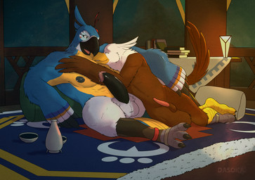 alcohol animal_genitalia animal_penis anthro balls beak beverage black_penis blue_body blue_feathers bodily_fluids book bookshelf brown_body brown_fur chest_grab claws container cosmic_background cuddling cup duo erection eye_contact feathers feet fog fur furniture furniture_lamp genital_fluids genitals glans glistening hair hotel humanoid_genitalia humanoid_penis lamp looking_at_another lying lying_on_ground male male/male mountain muscular night nipples non-mammal_balls non-mammal_nipples nude on_ground open_mouth penis pillow pink_glans precum pubes rito_village sake sake_bottle sake_dish sky smile star starry_background starry_sky tail talons tapering_penis text toe_claws toes wings yellow_body yellow_fur dasoka breath_of_the_wild nintendo the_legend_of_zelda adlerseven kass_(tloz) accipitrid accipitriform avian bald_eagle bird eagle mammal rito sea_eagle absurd_res digital_media_(artwork) english_text hi_res huge_filesize watermark