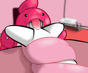 ambiguous_gender ball_in_mouth balls balls_on_tongue bedroom bestiality blue_eyes fellatio feral genitals human_on_feral interspecies male oral penile penis pink_body pokephilia red_penis sex spread_legs spreading tongue_around_body vein veiny_penis white_body red_star_jackal game_freak nintendo pokemon generation_4_pokemon human lickilicky mammal pokemon_(species) 6:5