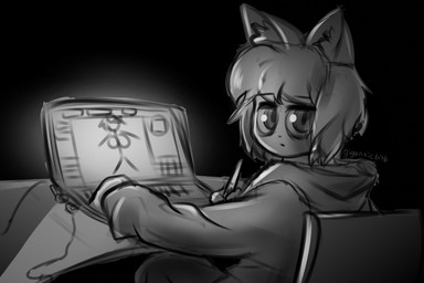big_eyes black_background chair clothed clothing computer drawing_(action) drawing_(object) drawing_in_a_drawing electronics eyebrow_through_hair eyebrows furniture hair holding_object holding_pen hoodie inner_ear_fluff laptop looking_at_viewer looking_back looking_back_at_viewer male on_chair pen simple_background sitting sitting_on_chair solo table text tired topwear translucent translucent_hair tuft justbirb dagaz_(justbirb) animal_humanoid cat_humanoid felid felid_humanoid feline feline_humanoid humanoid mammal mammal_humanoid 3:2 artist_name digital_media_(artwork) greyscale hi_res krita_(artwork) monochrome