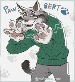 anthro clothing fur grey_body grey_fur male solo sweater text topwear yellow_eyes nekodon_san disney zootopia pawbert_lynxley canada_lynx felid feline lynx mammal hi_res