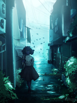 alley amazing_background anthro black_body black_fur black_wool bottomwear building city clothed clothing day detailed_background falling_leaves female female_anthro fully_clothed fur hair holding_object holding_umbrella hooves horn leaf looking_at_viewer outside plant power_lines scenery_porn shirt shrub skirt solo standing street text topwear umbrella wind wool_(fur) literaldeerirl bovid caprine domestic_sheep mammal sheep welsh_mountain_sheep 2022 3:4 absurd_res adobe_photoshop_(artwork) artist_name blue_theme cool_colors detailed digital_media_(artwork) digital_painting_(artwork) full-length_portrait halftone hi_res painting_(artwork) portrait restricted_palette shaded soft_shading