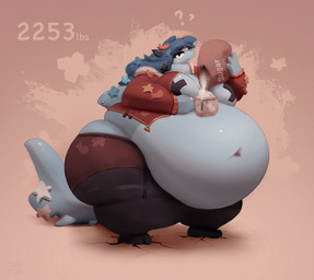 anthro bag belly belt big_belly big_breasts black_clothing black_legwear black_stockings blue_body blue_hair blue_scales blue_star blue_tail bottomwear breasts clothed clothed_anthro clothed_female clothing container cracked_ground cracks cup dorsal_fin eyelashes female female_anthro fin furgonomic_topwear furgonomics hair holding_container holding_cup holding_object huge_belly imperial_unit jacket legwear looking_at_viewer midriff morbidly_obese morbidly_obese_anthro morbidly_obese_female navel nipple_tape no_bra obese obese_anthro obese_female open_belt open_clothing open_jacket open_topwear overweight overweight_anthro overweight_female pasties red_bottomwear red_clothing red_jacket red_topwear scales shark_fin shark_tail solo star stated_weight stockings sugar tail tape topwear wide_hipped_anthro wide_hipped_female wide_hips miluinaoxie aquatic fish shark 2023 colored digital_media_(artwork) digital_painting_(artwork) hi_res painting_(artwork) shaded