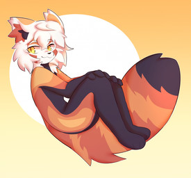 anthro black_body black_fur black_nose cheek_tuft eyebrows facial_tuft fur hair hands_on_knees hands_on_legs inner_ear_fluff looking_away male midair multicolored_body multicolored_fur nude orange_body orange_fur short_hair simple_background smile solo tail tuft white_eyebrows white_hair yellow_background yellow_eyes appliei ailurid mammal red_panda 2023 colored digital_drawing_(artwork) digital_media_(artwork) hi_res shaded