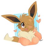 anthro anthrofied bangs blep blush breasts clothed clothing female hair hair_over_eye hand_on_face heart_symbol neck_tuft one_eye_obstructed pokemorph solo sweater tongue tongue_out topwear tuft pixelyteskunk nintendo pokemon eve_(joaoppereiraus) canid eevee generation_1_pokemon mammal pokemon_(species) 2020 bust_portrait hi_res portrait signature