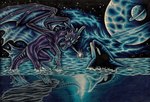 ambiguous_gender battle cosmic_background duo feral membrane_(anatomy) membranous_wings night planet quadruped rock sky space star starry_sky tail underwater water wings selianth mythology cetacean dolphin dragon mammal marine mythological_creature mythological_scalie oceanic_dolphin orca scalie toothed_whale colored_pencil_(artwork) traditional_media_(artwork)