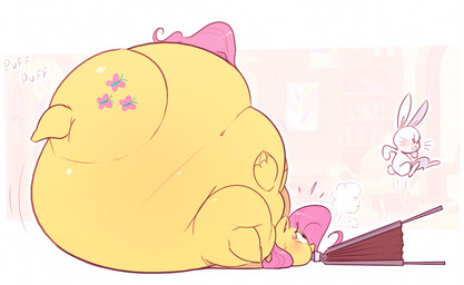 air_inflation belly belly_expansion big_belly big_cheeks black_eyebrows blue_eyes body_inflation cutie_mark duo expansion eyebrows eyelashes eyes_closed female feral hair huge_belly hyper hyper_belly hyper_inflation immobile inflation male motion_lines onomatopoeia pink_hair pink_tail puffed_cheeks scut_tail short_tail side_view smile sound_effects swelling tail text white_body white_ears white_tail wings yellow_body yellow_ears yellow_wings ridiculouscake friendship_is_magic hasbro my_little_pony angel_(mlp) fluttershy_(mlp) equid equine horse lagomorph leporid mammal pony rabbit hi_res