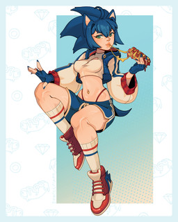 athletic_wear blue_clothing blue_hair bottomwear cheese_string chili_dog clothing crop_top crossgender female fingerless_gloves food footwear gloves green_eyes gym_bottomwear gym_shorts hair handwear hot_dog jacket navel navel_piercing piercing shirt shoes shorts simple_background sneakers socks solo spiky_hair tail thong_straps topwear dragoumare sega sonic_the_hedgehog_(series) sonic_the_hedgehog humanoid 4:5 absurd_res hi_res
