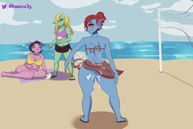 after_sex anthro ball beach bikini black_hair blonde_hair blue_body blush bodily_fluids butt clothing cum cum_on_butt cum_on_clothing dessert female food footwear fur genital_fluids green_body green_scales group hair ice_cream looking_at_viewer looking_back net pink_body pink_fur red_hair sandals sarong scales sea seaside shoes sport swimwear trio two-piece_swimsuit volleyball volleyball_(ball) volleyball_net water yellow_bikini yellow_clothing yellow_swimwear iamzoey undertale_(series) bratty_(undertale) catty_(undertale) undyne alligator alligatorid animal_humanoid crocodilian domestic_cat felid feline felis fish fish_humanoid humanoid mammal marine marine_humanoid reptile scalie absurd_res hi_res watermark