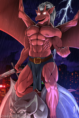 abs anthro bottomwear city clothed clothing crotch_apron electricity fist glowing glowing_eyes grey_bottomwear grey_clothing hair holding_melee_weapon holding_object holding_sword holding_weapon large_wings lightning loincloth male melee_weapon membrane_(anatomy) membranous_wings muscular muscular_anthro muscular_legs muscular_male night nipples no_pupils pecs raining red_body sculpture solo statue sword topless topless_male weapon white_eyes white_hair wings iudicium86 disney gargoyles brooklyn_(gargoyles) gargoyle 2022 digital_media_(artwork) full-length_portrait hi_res portrait