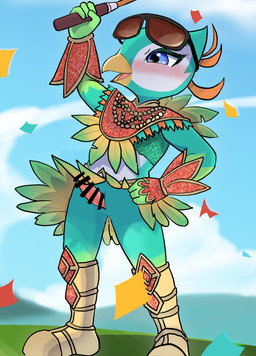 4_fingers animal_genitalia anthro armor aroused aroused_smile beaded_breastplate beaded_clothing beads beak blue_eyes blush blush_lines boots bottomwear breastplate censor_bar clothed clothing cloud commando confetti crop_top erection erection_under_skirt exposed eye_markings eyeliner eyewear eyewear_on_head facial_markings feathered_breastplate feathered_clothing feathered_skirt feathers femboy fingers flamboyant footwear gauntlets gem genital_slit genitals glistening glistening_eyes gloves golf golf_club golf_course gradient_arms gradient_body gradient_legs grass grass_field green_arms green_body green_clothing green_crop_top green_face green_feathers green_hands green_legs green_shirt green_topwear hand_on_hip hand_on_own_hip handwear head_markings hill humanoid_hands ineffective_censorship makeup male markings mask_(marking) medium_penis midday midriff multicolored_body multicolored_feathers open_beak open_mouth open_smile orange_body orange_feathers penis pink_penis plant plantigrade raised_arm raised_bottomwear raised_clothing raised_skirt red_breastplate red_clothing red_gauntlet samba_outfit shirt shoes skirt sky skyscape slit_penis smile solo sparkles sparkling_clothing sport sunglasses sunglasses_on_head tan_boots tan_clothing tan_footwear tongue topwear tournament victory victory_pose white_body white_eye_markings white_face white_facial_markings white_feathers white_head_markings white_markings white_mask_markings white_torso wind wind_lift yellow_beak milklemon5127 bird_body_(nintendo_switch_sports) avian bird absurd_res censored colored digital_drawing_(artwork) digital_media_(artwork) hi_res