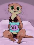 anthro bed blush bra breasts claws clothed clothing female furniture gloves_(marking) green_eyes leg_markings lingerie markings on_bed open_mouth panties pillow sitting small_breasts smile socks_(marking) solo text text_on_pillow underwear whiskers yes-no_pillow yes_pillow nosen disney zootopia mrs._otterton lontra mammal mustelid north_american_river_otter otter river_otter 2018 english_text meme