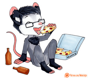anthro arm_support biped black_hair black_markings bottle box chest_tuft chibi claws container countershade_face countershading eyebrows eyes_closed eyewear eyewear_only feet fingerless_(marking) food glasses glasses_only gloves_(marking) grey_body hair holding_food holding_object holding_pizza inner_ear_fluff leg_markings male markings nude open_mouth pink_markings pink_nose pizza pizza_box plantigrade short_hair simple_background sitting sitting_on_ground socks_(marking) solo teeth text toe_claws toeless_(marking) tongue tuft wearing_glasses white_background young young_anthro young_male malachyte tekki_(tekhnikos) american_opossum mammal marsupial virginia_opossum 2016 traditional_media_(artwork) url