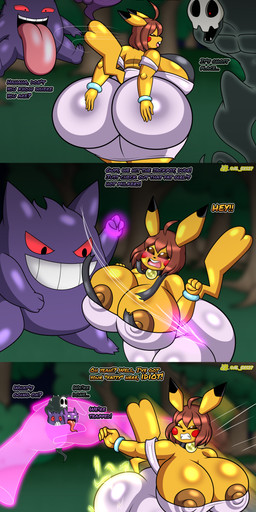anthro big_breasts big_butt black_body body_worship breast_focus breasts broken_clothing butt clothing dialogue dress female furniture furniture_damage group hair huge_butt hyper hyper_butt male male/female multicolored_body nipple_outline nipples purple_body shortstack smashing squish table text white_hair yellow_body al_gx nintendo pokemon astra_(thebunallies) glem_(g-maws) duskull generation_1_pokemon generation_3_pokemon generation_6_pokemon gengar ghost haunter mammal phantump pikachu pokemon_(species) rodent spirit absurd_res artist_name comic digital_media_(artwork) english_text hi_res