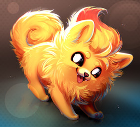 ambiguous_feral ambiguous_gender curled_tail fangs feral fur glistening glistening_eyes looking_at_viewer open_mouth open_smile orange_body orange_fur orange_tail quadruped red_tongue smile solo tail teeth tongue tongue_out bloominglynx nintendo pokemon pokemon_winds_and_waves generation_10_pokemon pokemon_(species) pombon 2026 digital_media_(artwork) digital_painting_(artwork) hi_res painting_(artwork)