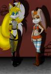 aged_up anthro anthrofied armwear blue_eyes breasts clothed clothing collar dipstick_tail duo female femboy fishnet_armwear fishnet_clothing fishnet_legwear footwear fur high_heels legwear male markings multi_tail multicolored_tail prostitution shoes smile stockings tail tail_markings vk102 sega sonic_the_hedgehog_(series) cream_the_rabbit miles_prower canid canine fox lagomorph leporid mammal rabbit absurd_res hi_res