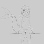 anthro biped breast_outline clothing crossgender female fin front_view hair hair_over_eye hand_on_ground head_down knock-kneed ledge long_hair long_tail looking_at_viewer looking_up mtf_crossgender navel_outline one-piece_swimsuit one_eye_obstructed open_mouth shy simple_background sitting solo swimwear tail tail_fin wide_hips unknown_artist leo_(gvh) liopleurodon marine plesiosaur pliosaur prehistoric_species reptile scalie 1:1 hi_res monochrome shaded male_(lore)