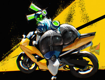 anthro big_butt biker_girl black_background butt clothing female glistening glistening_butt gloves green_eyes handwear hat headgear headwear huge_butt jumpsuit machine motorcycle screen screen_face simple_background solo stylized_background tail text thick_thighs vehicle yellow_background nemiyakii project_turboblast tempo_(project_turboblast) animal_humanoid humanoid lagomorph leporid mammal rabbit robot 2026 absurd_res english_text hi_res