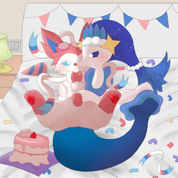3_toes accessory ambiguous_gender bed bed_sheet bedding bedroom birthday birthday_cake blush cake clothing dessert duo featureless_crotch feet feral food furniture hat headgear headwear hug party party_hat pawpads pink_pawpads ribbons shadow socket tail toes illusordream nintendo pokemon fan_character fude_(character) eeveelution generation_6_pokemon generation_7_pokemon pokemon_(species) primarina sylveon 1:1 hi_res