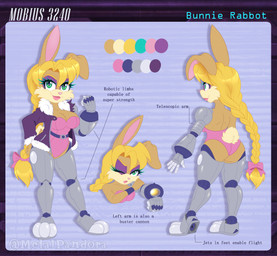 accessory alternate_universe anthro arm_cannon blonde_hair bow_(feature) bow_accessory bow_ribbon braided_hair clothed clothing color_swatch cybernetic_arm cybernetic_limb dark_pupils eyelashes eyeshadow female green_eyes hair hair_accessory hair_bow hair_ribbon iris jacket leotard lipstick long_hair makeup one_eye_closed pink_lipstick pink_nose prosthetic prosthetic_arm prosthetic_limb pupils purple_eyeshadow ranged_weapon ribbons smile solo text topwear weapon metalpandora archie_comics sega sonic_the_hedgehog_(archie) sonic_the_hedgehog_(comics) sonic_the_hedgehog_(series) bunnie_rabbot lagomorph leporid mammal rabbit 2020 digital_media_(artwork) english_text model_sheet