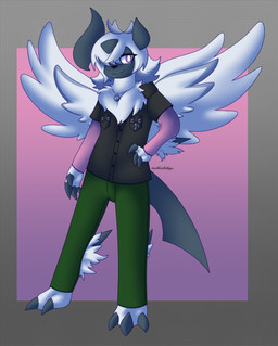absolite anthro biped black_body black_claws black_clothing black_horn black_tail bottomwear claws clothing eyelashes fur green_bottomwear green_clothing green_pants hair hair_over_eye horn jewelry mega_stone necklace pants pink_clothing purple_eyes solo spikes spikes_(anatomy) standing tail white_body white_fur white_hair white_wings wings motherlatias nintendo pokemon dot_(trainerdot) absol generation_3_pokemon pokemon_(species) 2025 hi_res signature nonbinary_(lore)
