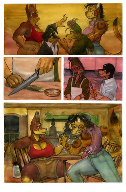 5_fingers anthro apron arm_wrestling black_body black_fur black_nose bottomwear breasts brown_body brown_fur clothed clothed_anthro clothed_female clothed_male clothing female fingers fur group humanoid_hands husband_and_wife knife male male/female markings married_couple multicolored_body multicolored_fur muscular muscular_anthro muscular_female pink_nose shirt shorts spots spotted_body spotted_fur topwear two_tone_body two_tone_fur mjw_darkmode daniel_porter jaoa_(mjw_darkmode) shea_(mjw_darkmode) tracy_porter canid canine canis dobermann domestic_dog felid jaguar mammal pantherine pinscher absurd_res comic hi_res painting_(artwork) traditional_media_(artwork) traditional_painting_(artwork) traditional_watercolor_(artwork) watercolor_(artwork)