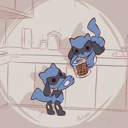 3_fingers 3_toes ambiguous_gender anthro biped black_eyes blue_body blue_fur blue_tail butt caught_in_the_act container cookie cookie_jar duo feet fingers food front_view fur holding_object inside jar kitchen_counter looking_at_viewer nude nude_ambiguous nude_anthro rear_view standing tail toes advos nintendo pokemon generation_4_pokemon pokemon_(species) riolu 1:1 2026 digital_drawing_(artwork) digital_media_(artwork) lol_comments