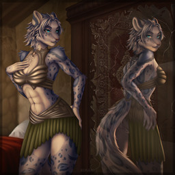 5_fingers abs anthro anus areola armor armored_skirt athletic athletic_anthro athletic_female bed blue_body blue_eyes blue_fur blue_hair blue_spots bottomwear bra_armor breasts carpet_on_wall chest_tuft claws cleavage clothed clothing countershade_face countershade_fur countershade_torso countershading cracked_mirror detailed_background female female_anthro fingers fur furniture genitals grey_body grey_fur grey_hair hair hand_above_breast hand_on_hip inner_ear_fluff inside leopard_spots looking_at_mirror looking_at_object looking_at_self mirror mirror_reflection navel open_mouth pillow reflection skirt solo spots standing tail teeth tuft vulva wardrobe weapon white_body white_claws white_fur nimari microsoft the_elder_scrolls m'ria_(maks_hunt) felid khajiit mammal pantherine snow_leopard 2025 digital_media_(artwork) hi_res signature