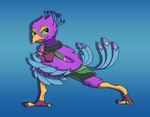 anthro avian_feet beak biped blue_body clothing feathered_crest feathered_wings feathers gesture green_eyes hand_gesture head_crest lunging male pink_body scarf solo tail tail_feathers v_sign winged_arms wings macehello gyro_feather avian bird galliform peafowl phasianid hi_res