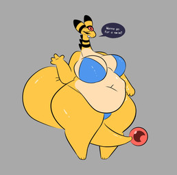 anthro belly big_belly big_breasts bikini bikini_bottom bikini_top blush breasts clothed clothing eyelashes female navel overweight overweight_anthro overweight_female simple_background solo swimwear tail text thick_tail thick_thighs two-piece_swimsuit vore vore_implied wide_hips yellow_body swallowpancakes nintendo pokemon ampharos generation_2_pokemon mammal pokemon_(species) digital_media_(artwork) english_text hi_res