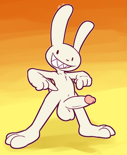 3_toes 4_fingers anthro balls big_balls big_ears big_penis black_eyes dot_eyes erection feet fingers fur genitals gesture glans gradient_background grin hand_gesture humanoid_genitalia humanoid_penis looking_at_viewer male orange_background penis pink_glans pink_nose pointing pointing_at_penis sharp_teeth simple_background simple_eyes smile solo spread_legs spreading standing tan_balls tan_body tan_fur tan_penis teeth toes yellow_background ultilix sam_and_max max_(sam_and_max) lagomorph leporid mammal rabbit 2020 hi_res