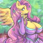 1:1 anthro big_breasts breasts cleavage clothed clothing equid equine female fluttershy_(mlp) friendship_is_magic fully_clothed hasbro mammal my_little_pony mythological_creature mythological_equine mythology outside pegasus pinkkoffin solo wings