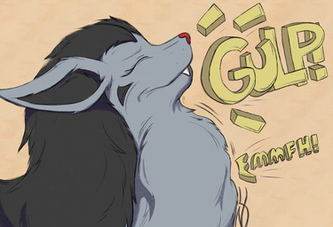 black_hair eyes_closed female fur grey_body grey_fur hair head_tilted_back neck_bulge red_nose simple_background swallowing vore wackyzacky nintendo pokemon generation_3_pokemon mightyena pokemon_(species) hi_res