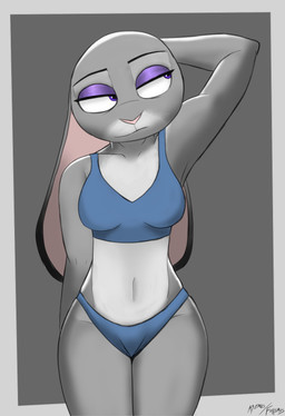 anthro bra breasts clothed clothing eyeshadow female fur grey_body grey_fur light makeup medium_breasts panties purple_eyes simple_background solo thick_thighs underwear a9ymus disney zootopia judy_hopps european_rabbit lagomorph leporid mammal oryctolagus rabbit 2024 digital_media_(artwork) hi_res lighting shaded