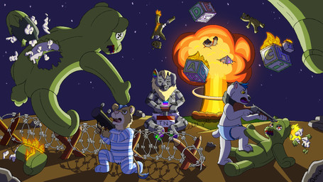 abdl anthro detailed_background diaper explosion fire group gun male nuke ranged_weapon shotgun trio weapon young demichi_rayker demichi_(demichi) bear demichi_(specie) felid lion mammal pantherine polar_bear undead ursine zombie 16:9 hi_res shaded widescreen