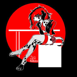 anthro clothing female fur hair looking_at_viewer markings red_eyes red_hair simple_background solo spots tail white_body white_fur rinkamo canid canine canis dalmatian domestic_dog mammal 1:1 2025 digital_media_(artwork) hi_res procreate_(artwork) signature