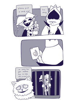 :d ambiguous_gender anthro bell blush bodily_fluids buckteeth button_(fastener) button_eyes card clothed clothing coat dialogue ellipsis exclamation_point fur gesture gloves hand_gesture handwear hat headgear headwear humanoid_pointy_ears humor king male ok_sign open_mouth plushie pointy_ears prank prison prisoner royalty sewn_mouth sharp_teeth smile standing tears teeth text the_circle_game topwear marchmarciie deltarune undertale_(series) jevil_(deltarune) king_spade seam_(deltarune) animate_inanimate darkner domestic_cat felid feline felis humanoid imp living_plushie mammal 2018 comic english_text hi_res meme