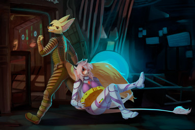 anthro breasts brown_body brown_fur clothing cosplay duo electronics eye_scar facial_scar female footwear fur hair holding_object inside looking_at_viewer male monitor open_mouth pink_hair scar science_fiction shoes sitting smile tail walking caesartf overnut_(artist) dead_space electronic_arts visceral_games canid felid mammal 2022 digital_media_(artwork) hi_res