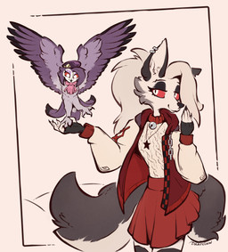 3_toes 5_fingers alternate_form anthro beak bell bent_arm big_eyes big_hair big_tail biped black_beak black_body black_claws black_eyelids black_feathers border bottomwear chain claws clothed clothing coat collar duo ear_piercing ear_ring eyelashes feathered_wings feathers feet female feral fingerless_gloves fingers fluffy fluffy_tail fur furgonomic_piercing furgonomics gloves grey_body grey_fur grey_hair hair hand_on_mouth handwear hat headgear headwear holding_another jewelry jingle_bell legwear long_hair long_tail multicolored_body multicolored_clothing multicolored_coat multicolored_feathers multicolored_fur multicolored_topwear necklace notched_ear on_another on_one_leg one_ear_up open_clothing open_coat open_topwear orange_border piercing pink_bow pointy_ears prick_ears purple_body purple_clothing purple_feathers purple_hair purple_hat purple_headwear raised_hand raised_wings red_bottomwear red_clothing red_coat red_sclera red_skirt red_topwear ring_piercing simple_background skirt smile snout spread_wings standing star_pendant star_symbol stockings straight_hair sweater tail tail_feathers toes topwear two_tone_body two_tone_clothing two_tone_coat two_tone_feathers two_tone_fur two_tone_topwear white_background white_body white_clothing white_coat white_eyes white_fur white_sweater white_topwear wings daarclaw hellaverse helluva_boss loona_(helluva_boss) octavia_(helluva_boss) avian bird canid canid_demon canine demon mammal owl owl_demon 2025 absurd_res colored digital_drawing_(artwork) digital_media_(artwork) flat_colors hi_res portrait signature three-quarter_portrait
