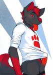 anthro balls biped black_body black_fur bottomless clothed clothing erection fur hair male penis red_body red_fur red_hair red_penis simple_background solo tongue tongue_out dieselblue azofer canid canine canis mammal wolf 2014 hi_res