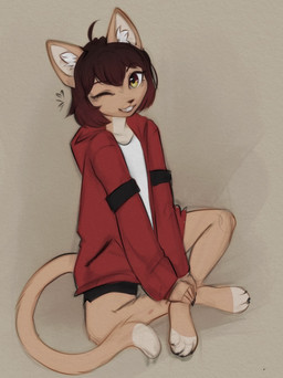 4_toes ahoge anthro bangs barefoot bent_legs biped black_bottomwear black_claws black_clothing black_eyebrows black_shorts bottomwear brown_hair brown_nose claws clothed clothed_anthro clothed_female clothing countershade_neck countershade_torso countershading crossed_ankles cute_fangs dipstick_tail eyebrow_through_hair eyebrows eyelashes fangs feet female female_anthro finger_claws fingers front_view fully_clothed fully_clothed_anthro fully_clothed_female fur grey_background grin grinning_at_viewer hair hand_on_ankle hand_on_leg hand_on_own_ankle hand_on_own_leg hood hood_down hoodie humanoid_hands inner_ear_fluff iris long_tail looking_at_viewer markings multicolored_body multicolored_eyes multicolored_fur one_eye_closed one_fang pose pupils purple_eyes red_clothing red_hoodie red_topwear shirt short_hair shorts simple_background sitting slim slim_anthro slim_female smile smiling_at_viewer solo straight_arms tail tail_markings tan_body tan_ears tan_fur tan_tail teeth three-quarter_view toe_claws toeless_(marking) toes topwear translucent translucent_hair tuft two_tone_body two_tone_eyes two_tone_fur undershirt white_body white_clothing white_countershading white_fur white_inner_ear white_inner_ear_fluff white_markings white_sclera white_shirt white_tail_tip white_toes white_topwear white_tuft wink winking_at_viewer yellow_eyes yshanii domestic_cat felid feline felis mammal 2026 digital_drawing_(artwork) digital_media_(artwork) full-length_portrait hi_res portrait