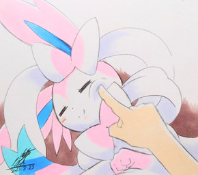 ambiguous_gender blush blush_lines bow_(anatomy) cheek_poke daww duo eyelashes eyes_closed feral fur paws pink_body pink_fur poking_cheek ribbons_(anatomy) simple_background smile white_body 025aki nintendo pokemon eeveelution generation_6_pokemon human mammal pokemon_(species) sylveon 2025 absurd_res dated hi_res signature