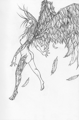 breasts butt female nipples nude solo wings unknown_artist angel humanoid monochrome