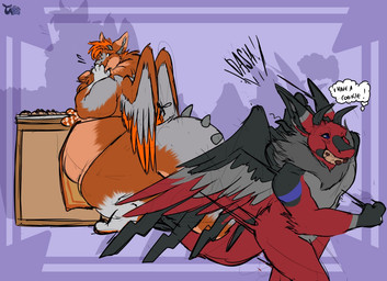 anthro blue_eyes cookie cooking dialogue duo food food_in_mouth fur hand_on_mouth horn looking_at_another looking_at_partner male one_eye_closed purple_background running simple_background speech_bubble stealing stealing_food tail thick_tail wings wink fatty-sashimi mythology gluttony_(echance01) kellogg_(echance01) dragon dutch_angel_dragon furred_dragon furred_scalie mythological_creature mythological_scalie scalie 2026 digital_media_(artwork)
