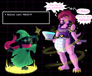 anthro axe biped blush clean_diaper clothed clothing dialogue diaper duo female fur hair hat headgear headwear melee_weapon object_in_mouth pacifier pacifier_in_mouth shirt speech_bubble standing text text_box topwear weapon wearing_diaper tysuga deltarune undertale_(series) ralsei susie_(deltarune) bovid caprine darkner goat mammal 2021 english_text