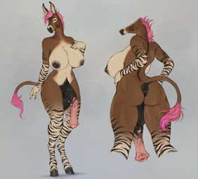 animal_genitalia animal_penis anthro anus balls big_balls big_breasts big_flare big_penis big_unflared_glans black_anus black_nipples black_penis black_stripes blue_eyes breasts brown_body equine_genitalia equine_penis eyelashes front_view genitals glistening glistening_eyes grey_background gynomorph gynomorph_anthro hair huge_balls huge_penis intersex intersex_anthro looking_at_viewer medial_ring mouth_closed multicolored_penis narrowed_eyes nipples nude penis pink_hair pink_penis puffy_anus rear_view simple_background solo standing striped_arms striped_legs stripes tail tail_tuft tuft two_tone_penis unflared white_body scarlanya asinus donkey equid equine hybrid mammal zebroid zonkey absurd_res hi_res