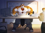 body_hair boss chest_hair clothed clothing detailed_background dialogue electronics machine male milking_machine monitor muscular office role_reversal size_difference small_dom_big_sub entitropy assistant oscar_pandesal_(entitropy) felid feline mammal pantherine tiger absurd_res hi_res signature