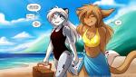 2019 7:4 aged_up anthro basitin basket beach bikini black_clothing black_one-piece_swimsuit black_swimwear blue_eyes blush brown_body brown_fur brown_hair chest_tuft clothing colored conditional_dnp container detailed_background dialogue duo embarrassed english_text eyes_closed felid female fur grey_body grey_fur hair hi_res holding_object keidran looking_aside madelyn_adelaide maeve_(twokinds) mammal markings midriff multicolored_body multicolored_fur navel one-piece_swimsuit open_mouth outside pantherine polka_dot_bikini seaside smile snow_leopard spots spotted_body spotted_fur swimwear tankini text tom_fischbach tuft twokinds walking white_body white_fur white_hair