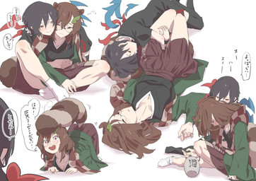 asian_clothing black_clothing black_dress black_hair breasts brown_eyes brown_hair brown_scarf brown_tail checkered checkered_clothing checkered_scarf cleavage clothed clothing dress drunk duo east_asian_clothing eyewear female female/female glasses green_clothing green_haori hair haori hug hugging_another hugging_from_behind humanoid_pointy_ears japanese_clothing markings open_mouth pattern_clothing pattern_scarf pointy_ears pupils red_eyes ring_(marking) ringed_tail sake_bottle scarf sleeping slit_pupils speech_bubble squean striped_markings striped_tail stripes substance_intoxication tail tail_markings tanuki_leaf text wearing_glasses kawayabug touhou mamizou_futatsuiwa nue_houjuu animal_humanoid canid canid_humanoid canine canine_humanoid humanoid mammal mammal_humanoid tanuki_humanoid 2022 absurd_res hi_res japanese_text multiple_scenes translated