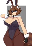 big_breasts breasts brown_body brown_fur brown_hair cleavage clothed clothing cuff_(restraint) curvy_figure cute_fangs eyebrows fake_ears fake_rabbit_ears fangs female fingerless_gloves flesh_fang front_view fur gloves grey_eyes hair handwear holding_object holding_weapon inner_ear_fluff knife legwear leotard looking_at_viewer mouth_closed pantyhose restraints simple_background smile solo standing tail teeth thick_eyebrows thick_thighs tuft weapon wide_hips wrist_cuffs sky_almanac jane_(silentmanjoe) animal_humanoid humanoid mammal mammal_humanoid procyonid procyonid_humanoid raccoon_humanoid absurd_res hi_res